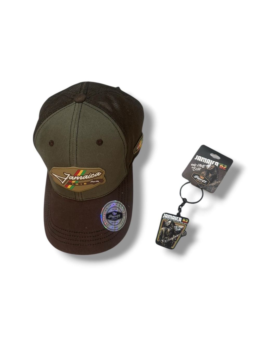 Pier 27 Jamaica One Love Trucker Hat Hat & Keychain Set Rasta Souvenir Vacation